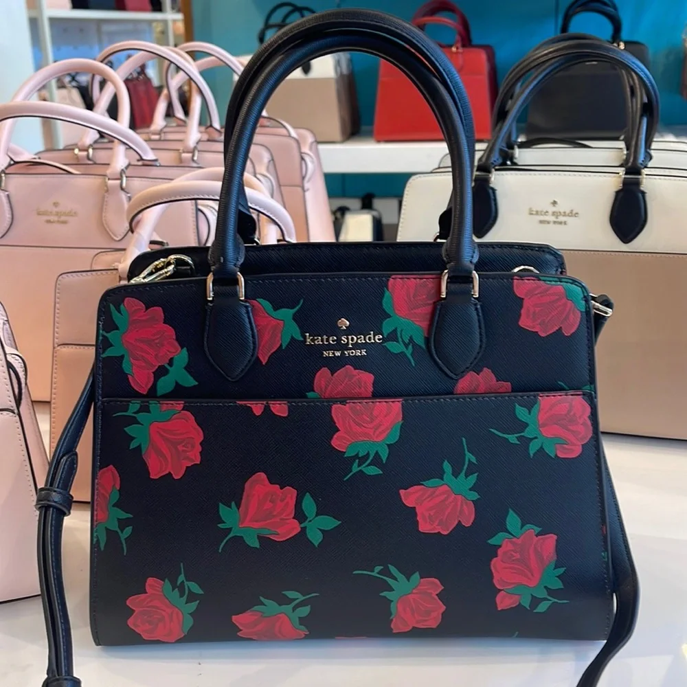 Kate Spade Madison Safiano Leather Medium Rose Toss Print Satchel Black Multi
